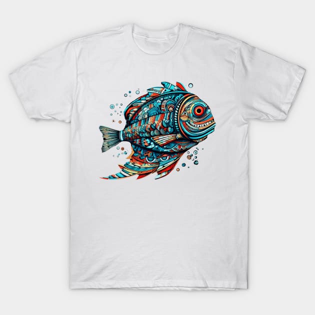 Aztec fish totem T-Shirt by Salogwyn